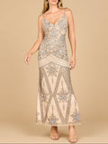 Contrast Beaded V-Neck Fitted Gown Nude Multi