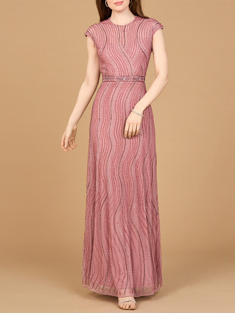 Cap Sleeve, Illusion Neck Beaded Gown Dusty Lilac