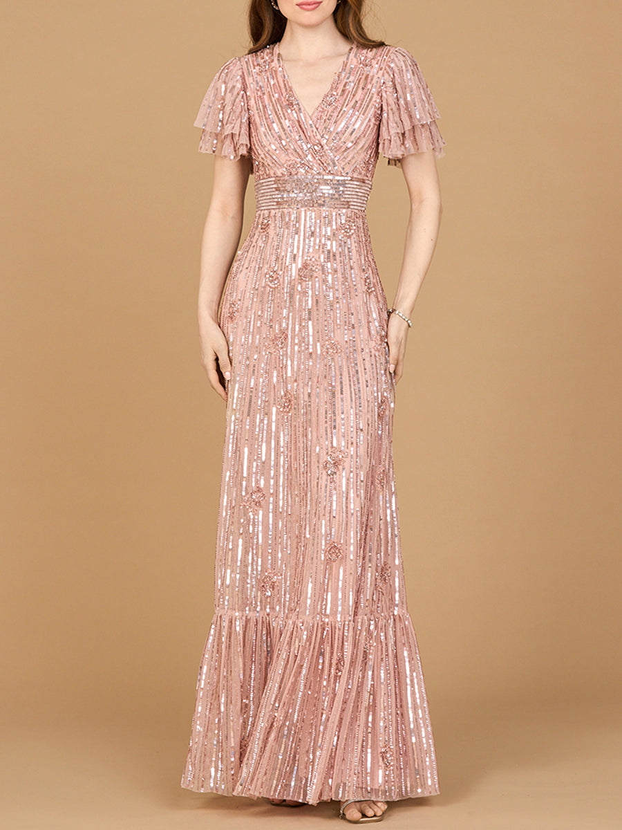 Elegant Beaded Gown with Flutter Sleeves Rose