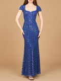 Beaded Gown with Glamourous Cap Sleeves Royal Blue