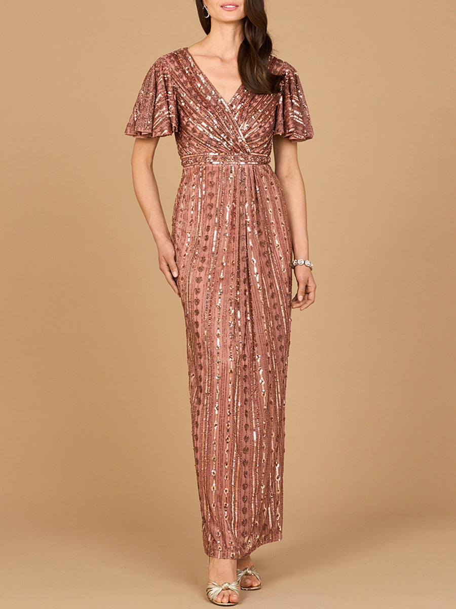 Fully Beaded Gown with Flutter Sleeves Vintage Lilac