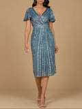 Beaded Midi Dress with Flutter Sleeves Slate Blue