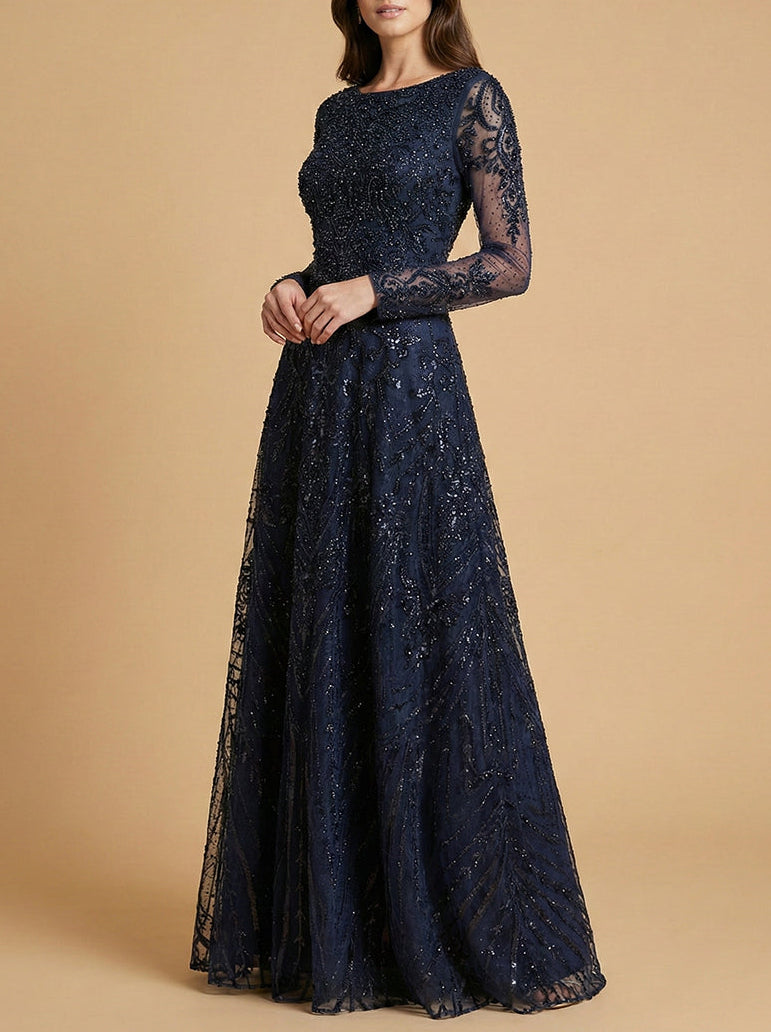 Long Sleeve High Neck Gown | 28904 Navy