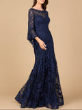 Illusion Neck, Long Bell Sleeve Gown Navy