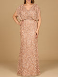 Beaded Gown with Draped Cape Sleeves Rose gold