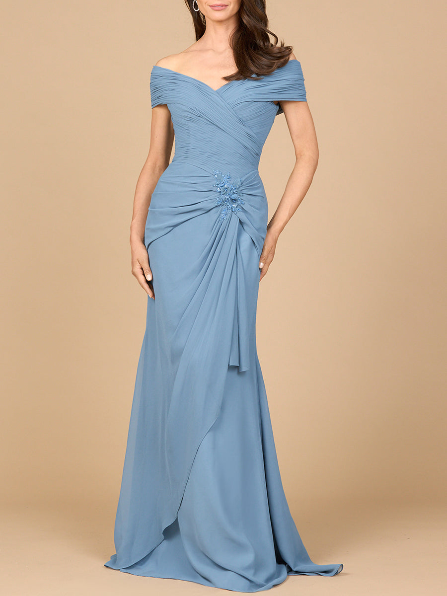 Off Shoulder Elegant Chiffon Gown Dusty Blue