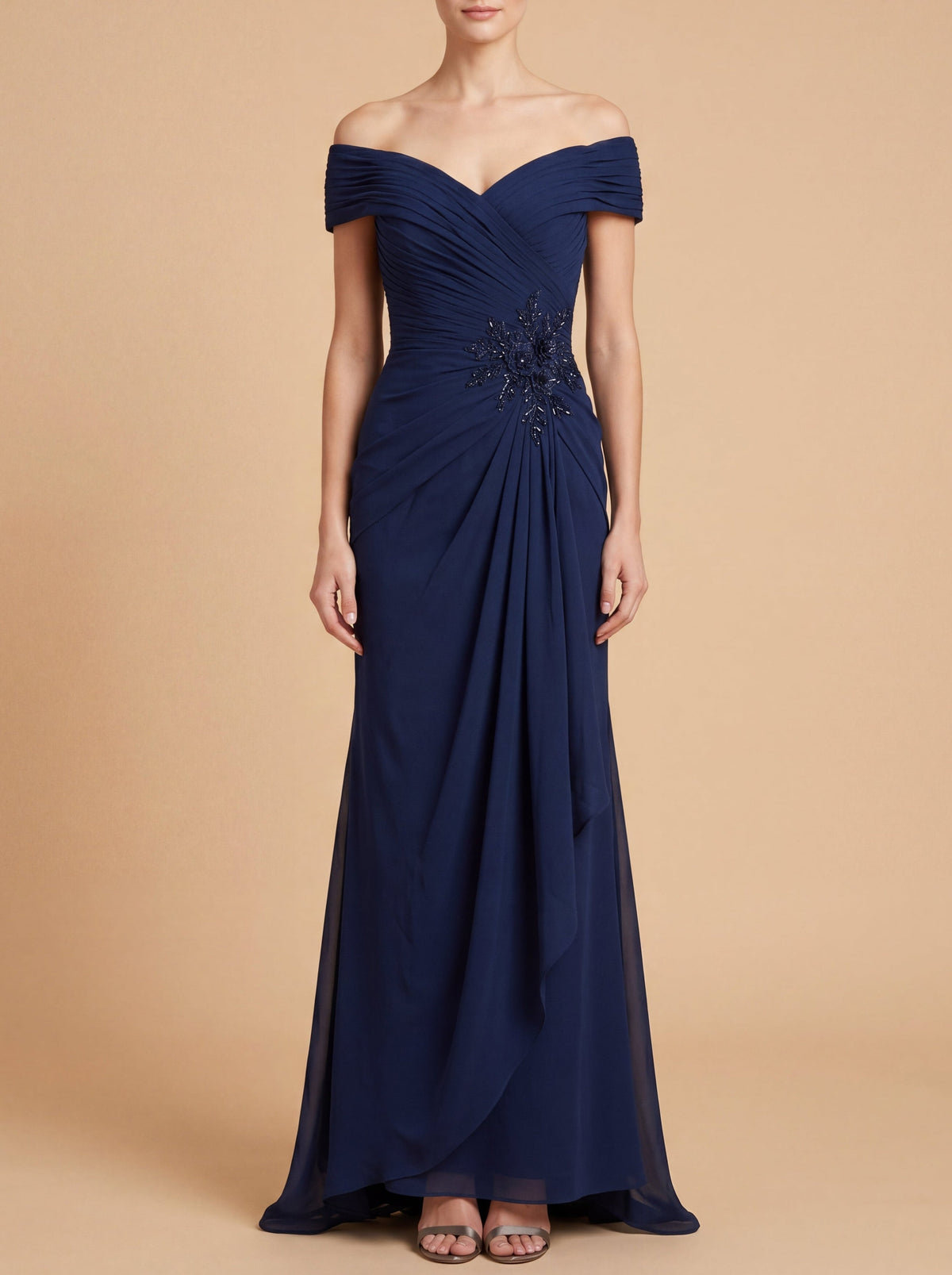 Off Shoulder Elegant Chiffon Gown Navy
