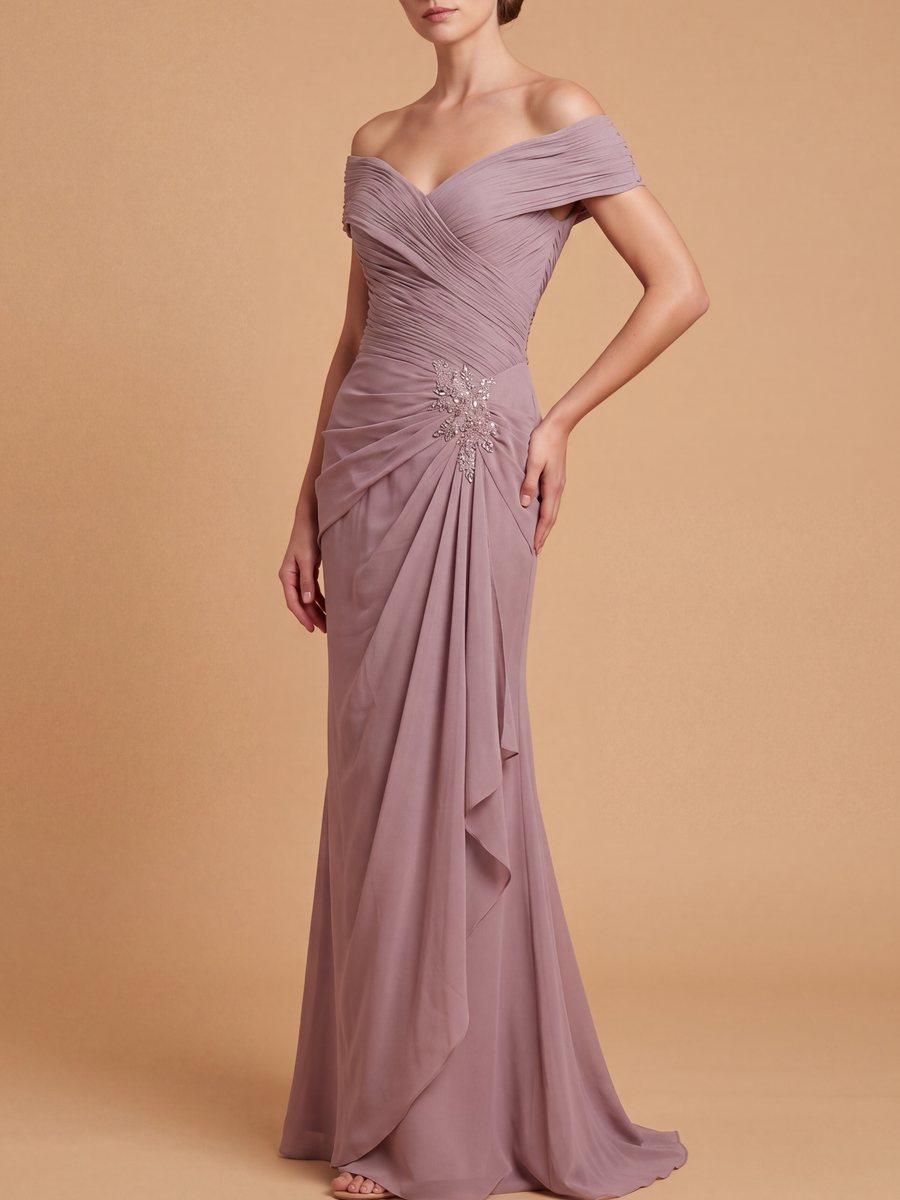 Off Shoulder Elegant Chiffon Gown Wisteria