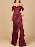 Off Shoulder Crepe Gown Burgandy
