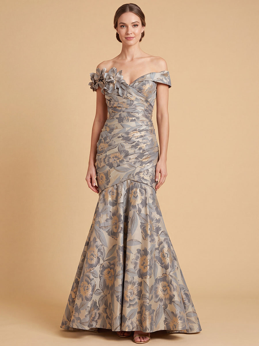 Off Shoulder Brocade Mermaid Gown