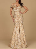Off Shoulder Brocade Mermaid Gown Champagne Gold