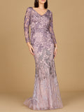 Long Sleeve V-Neck Mermaid Gown Purple