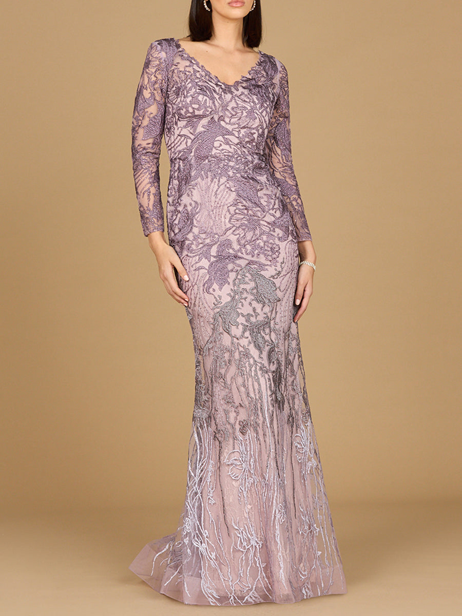 Long Sleeve V-Neck Mermaid Gown Purple