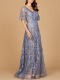 Elegant Cape Sleeve A-line Gown Dark Periwinkle