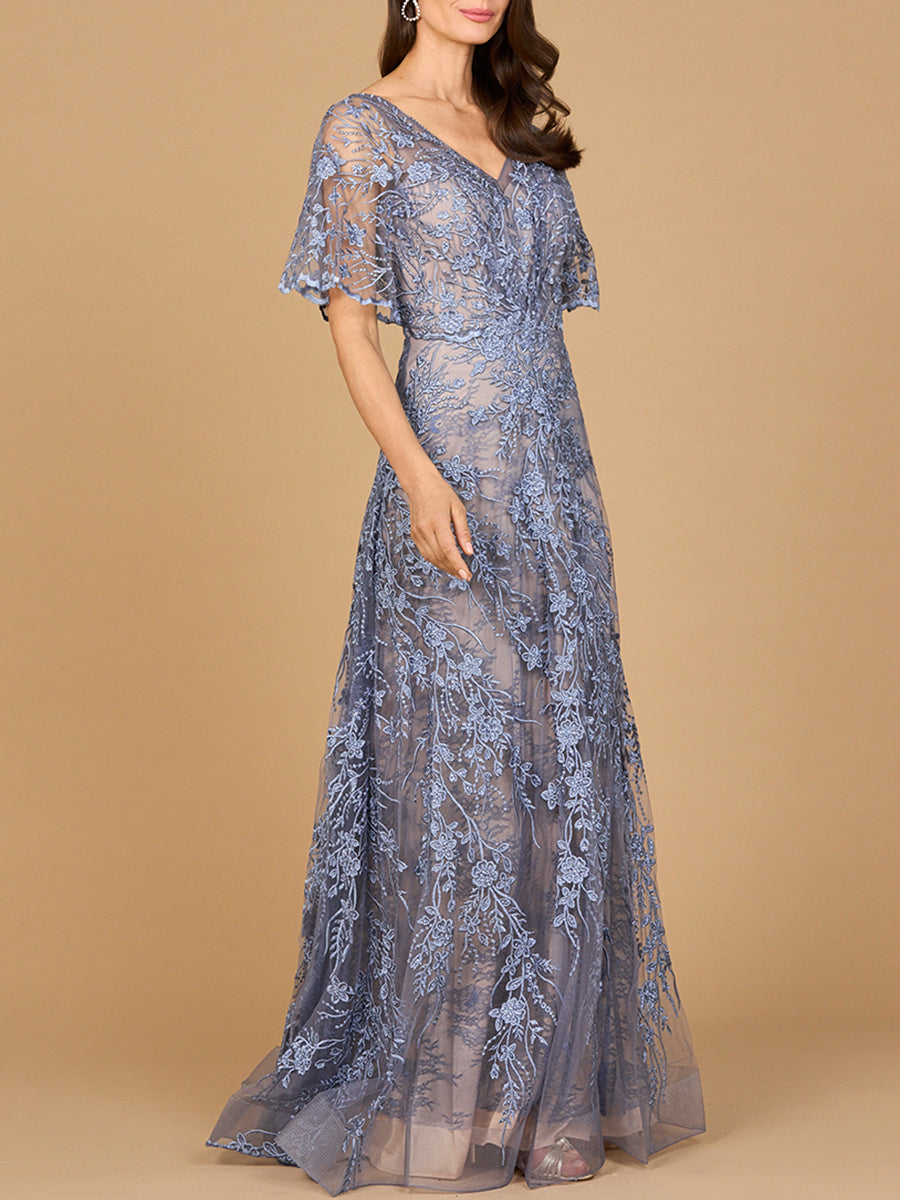 Elegant Cape Sleeve A-line Gown Dark Periwinkle