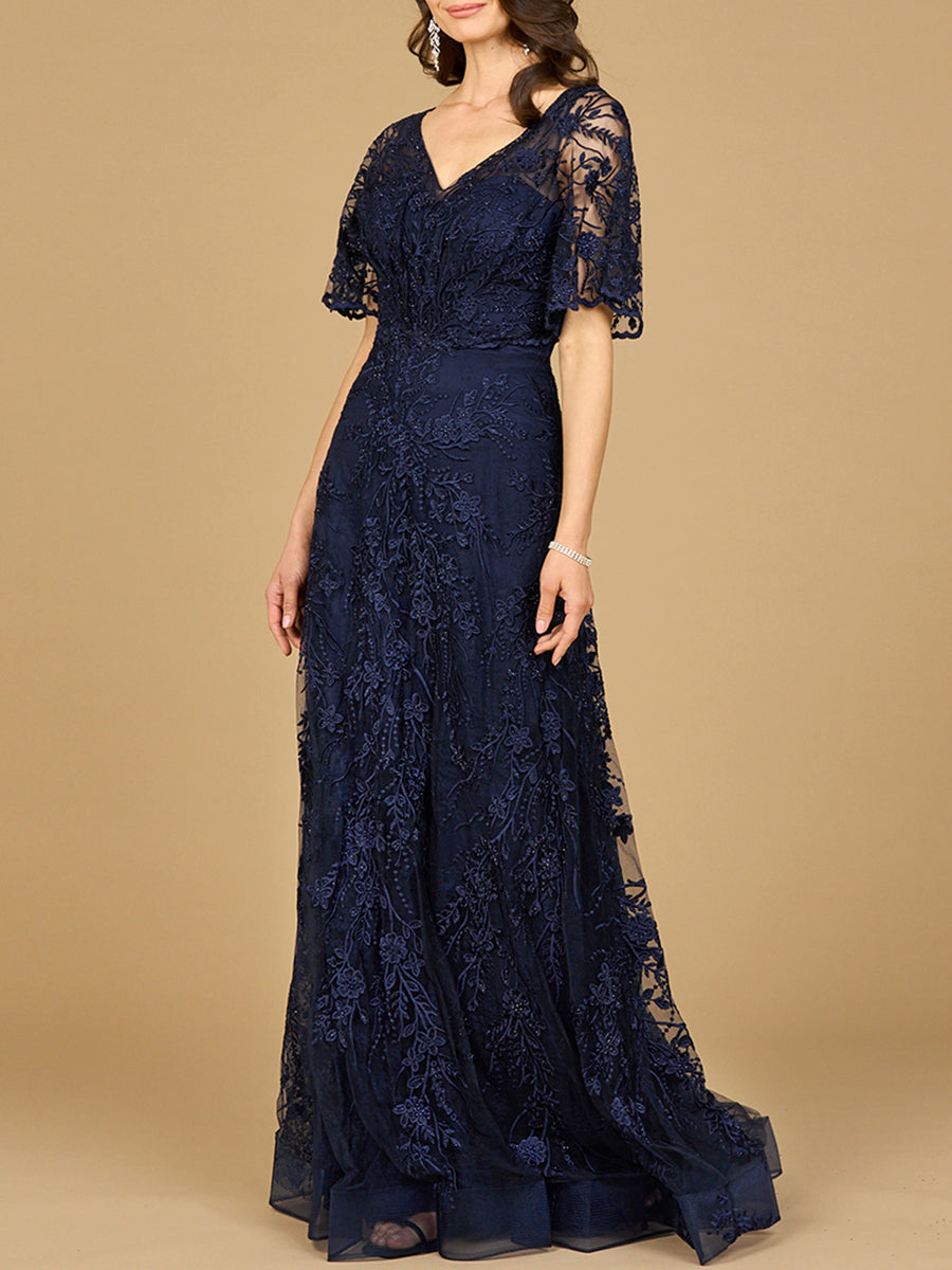 Elegant Cape Sleeve A-line Gown Navy