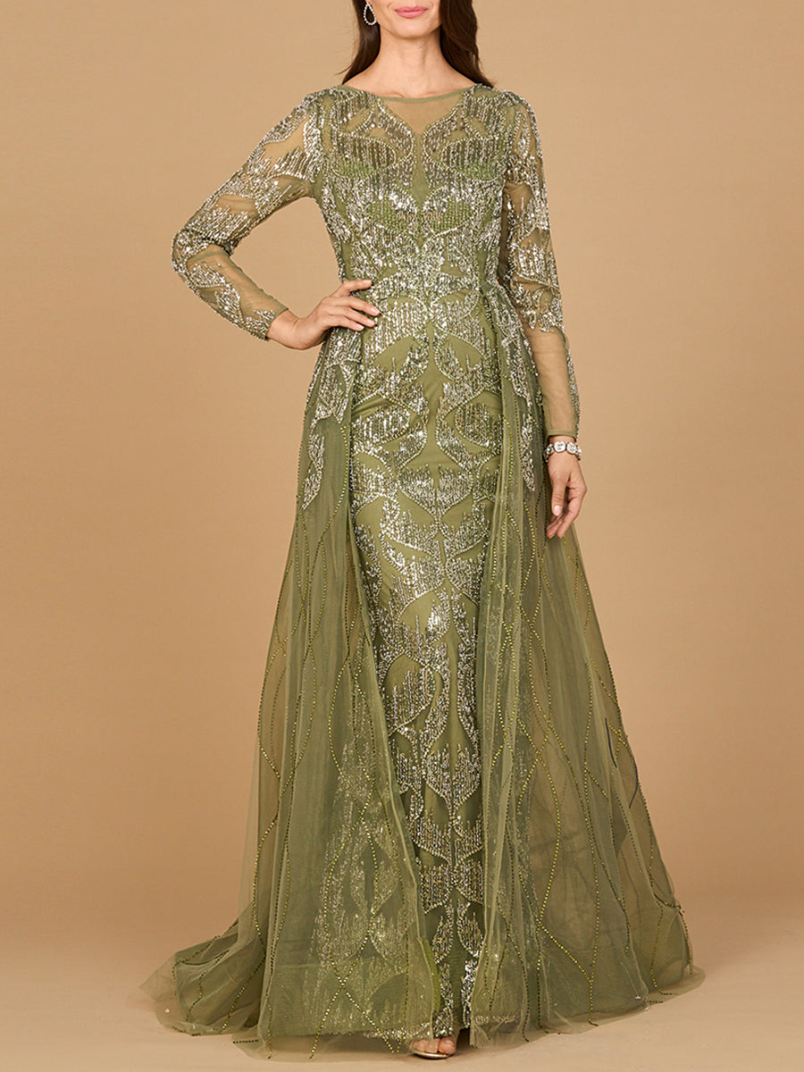 Long Sleeve Gown with Overskirt & High Neck Olive