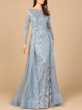 Long Sleeve Gown with Overskirt & High Neck Slate