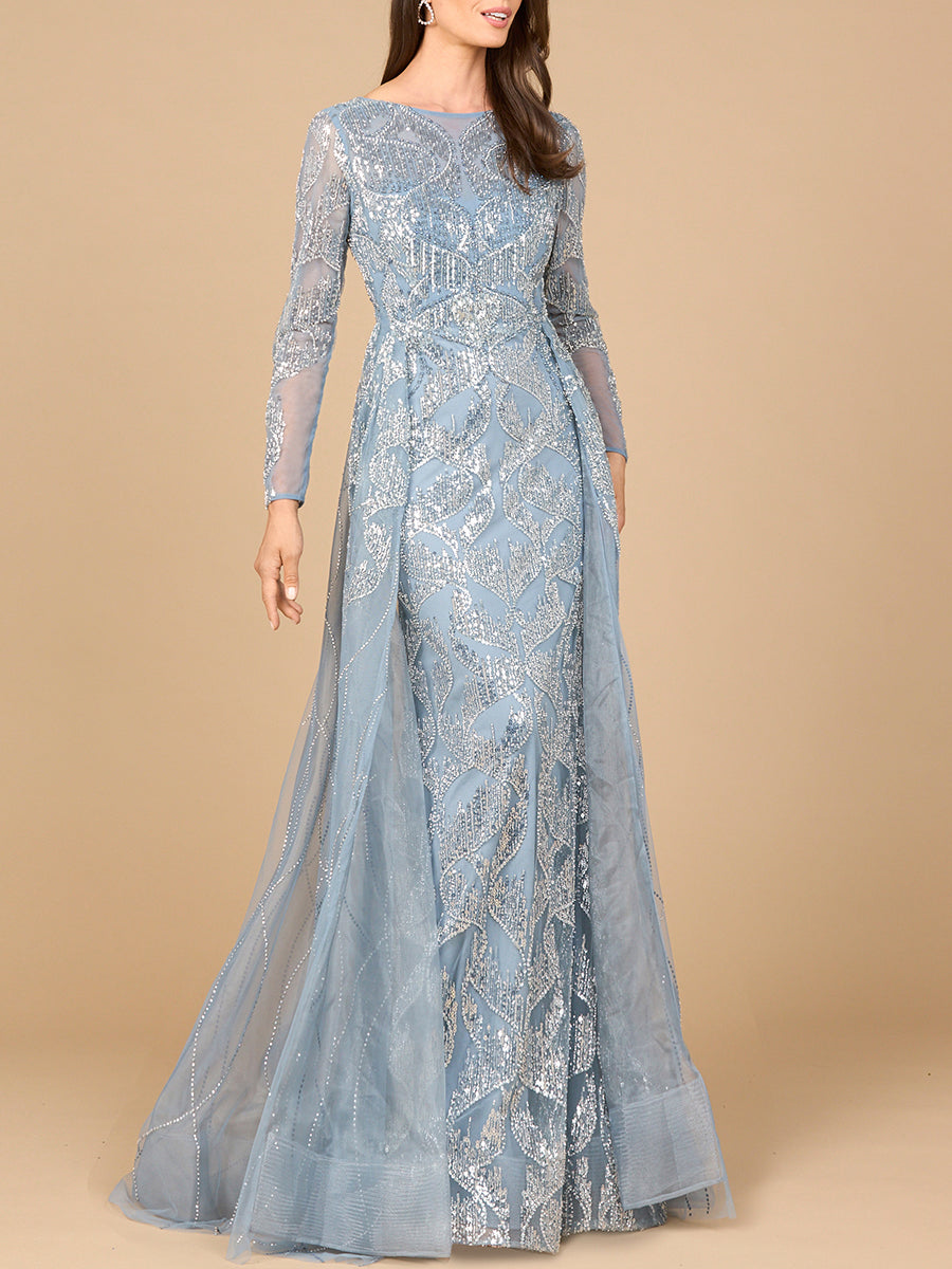 Long Sleeve Gown with Overskirt & High Neck Slate