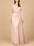 Long Sleeve V-Neck Gown with Drape Blush