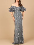 Off Shoulder Mermaid Gown with Tiered Sleeves Gray