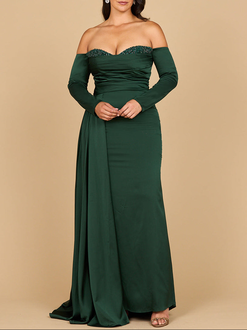 Lara 28936 - Off Shoulder Satin Dress with Beaded Details Dark Green