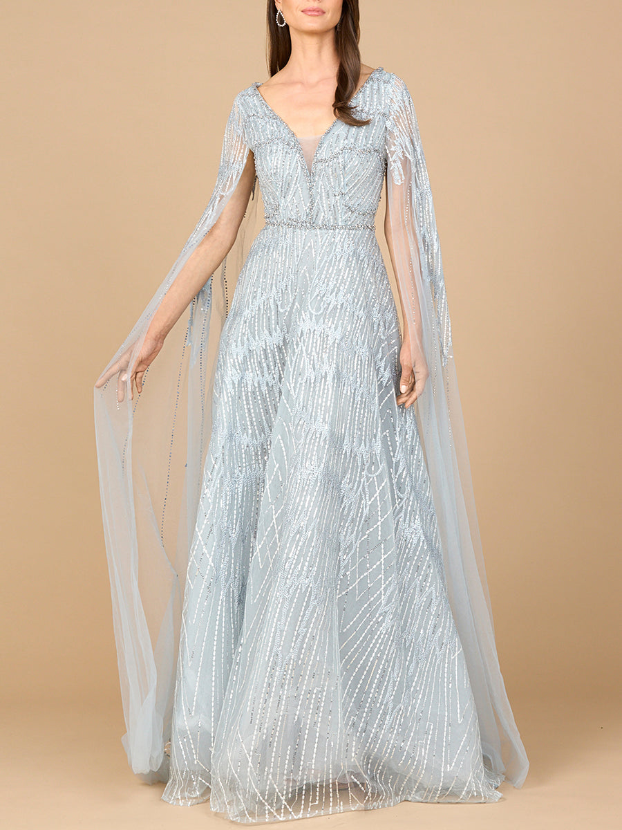 Embellished Gown with Cape Sleeves Light Blue