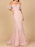 Lace, Off Shoulder Mermaid Gown Blush