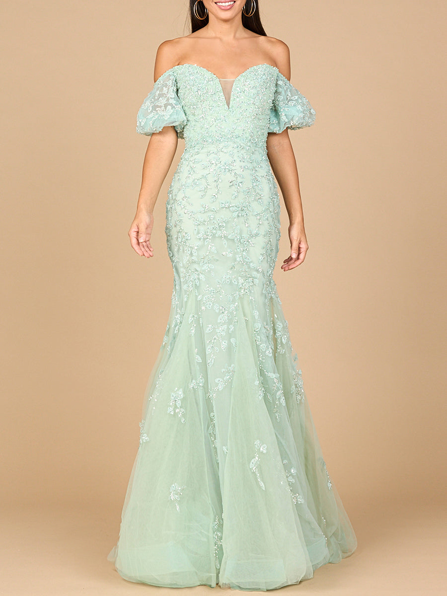 Lace, Off Shoulder Mermaid Gown Sage