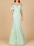 Lace, Off Shoulder Mermaid Gown Sage