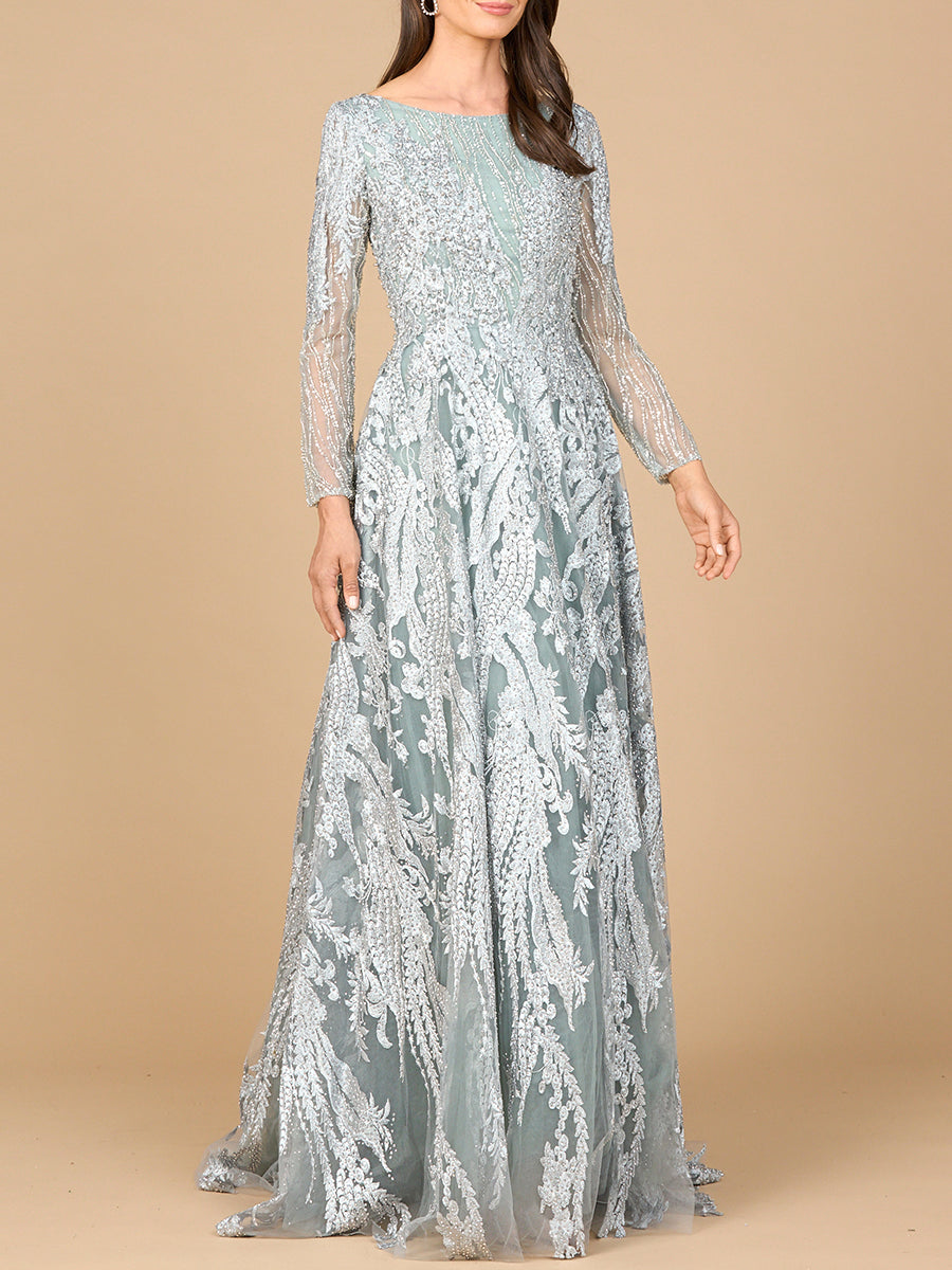 Long Sleeve, Modest Beaded Gown | 28939 Slate