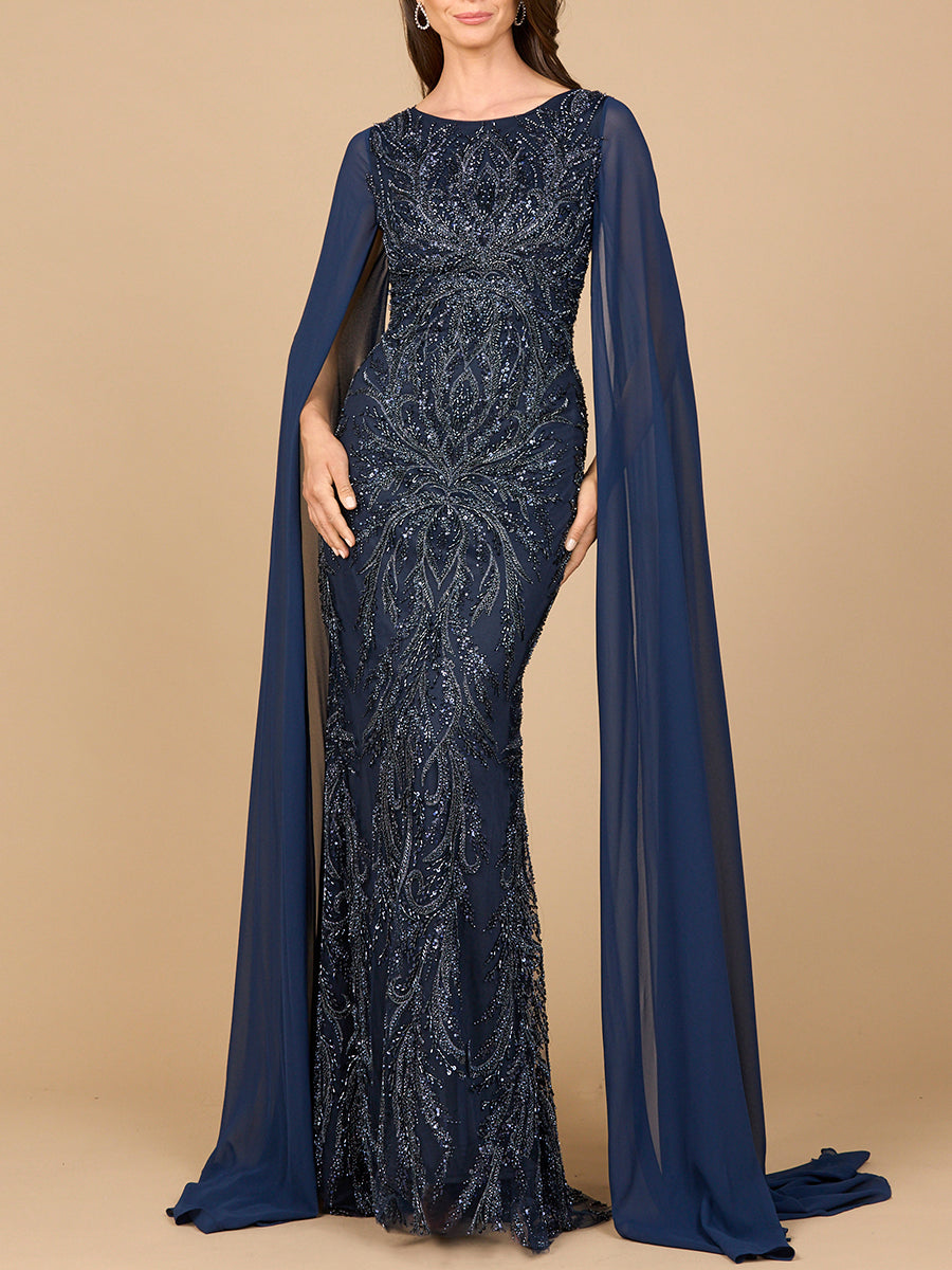 High Neck Gown with Chiffon Cape Sleeves Navy