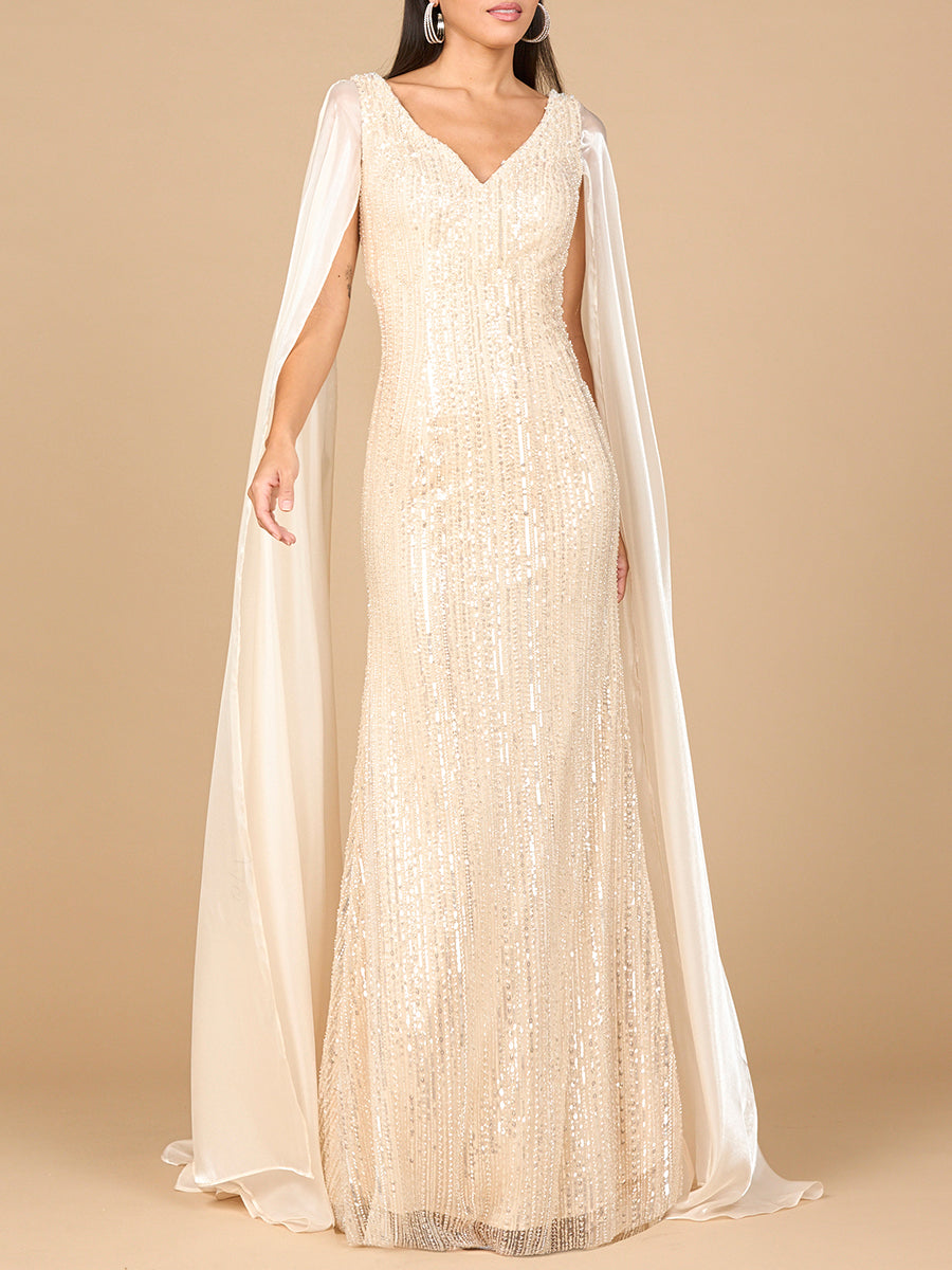 Beaded Gown with Satin Cape Sleeves Champagne