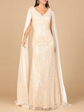Beaded Gown with Satin Cape Sleeves Champagne