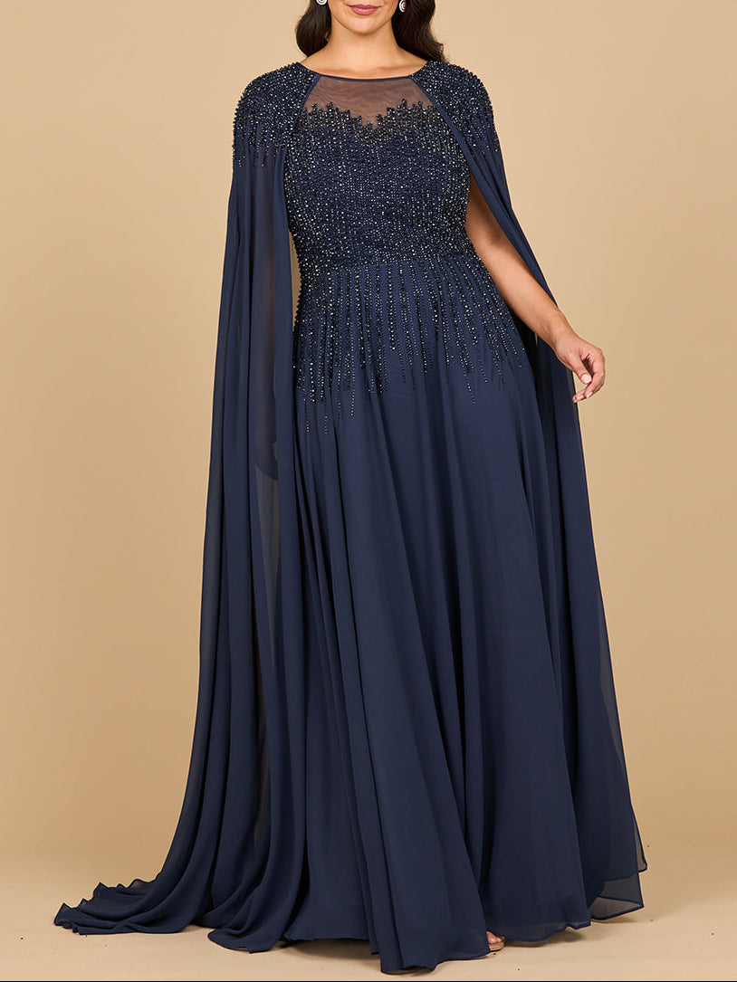 Lara 28943- Chiffon A-line Long Gown with Long Cape Sleeves Navy