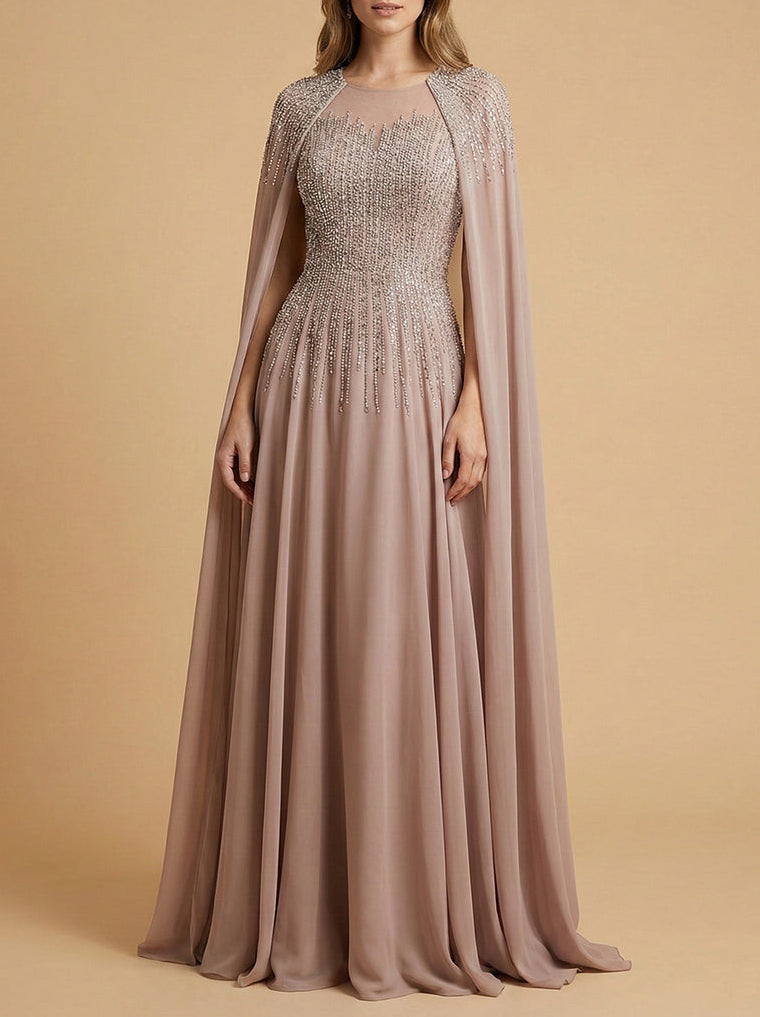 Lara 28943- Chiffon A-line Long Gown with Long Cape Sleeves Dusty Purple