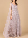 Beaded Lace Gown with Cape Sleeves Dusty Purple