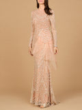 Beaded Long Sleeve Gown with Tulle Applique Dusty Rose