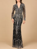 Mandarin V-Neck Gown with Long Sleeves Black