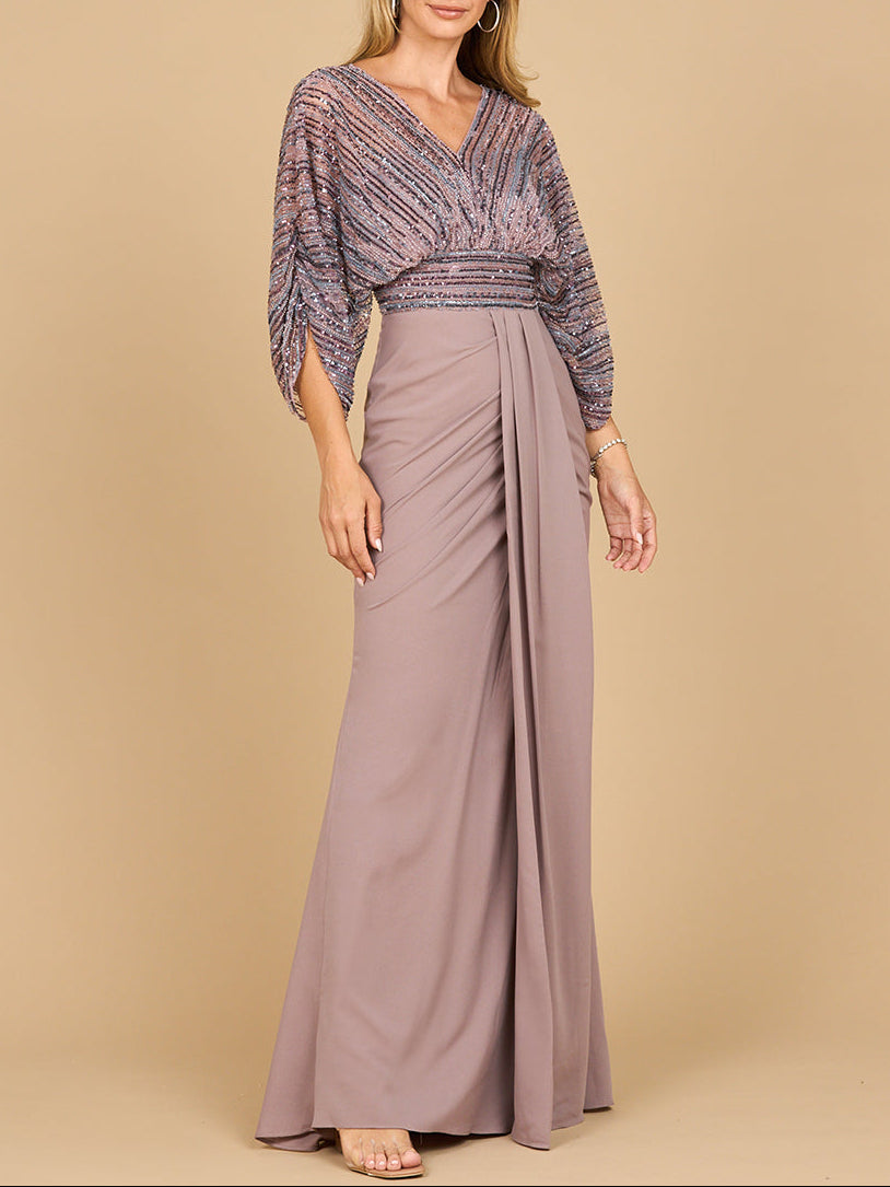 Lara 28950- Draped Skirt Gown with Cape Sleeves Dusty Purple
