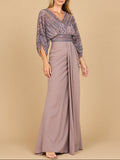 Lara 28950- Draped Skirt Gown with Cape Sleeves Dusty Purple