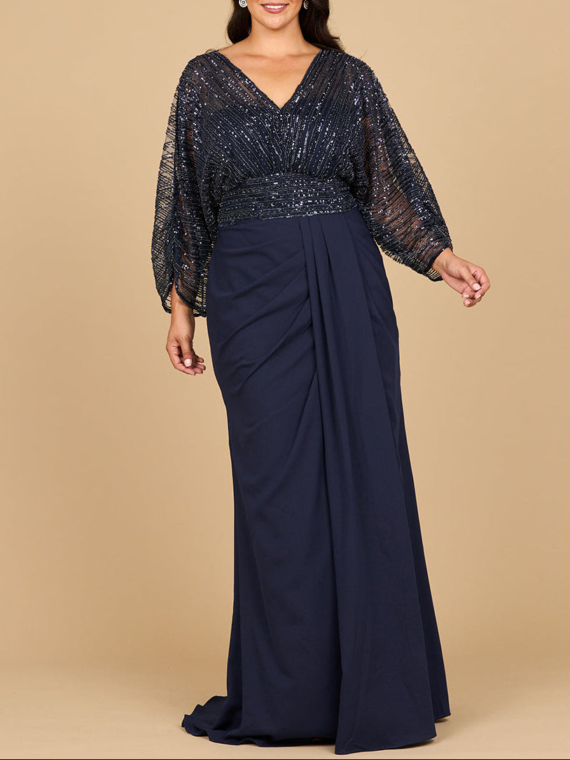 Lara 28950- Draped Skirt Gown with Cape Sleeves Navy
