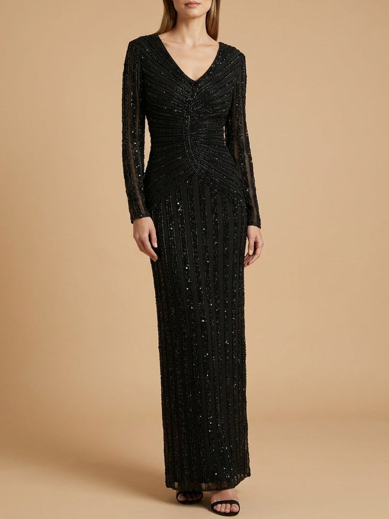 Long Sleeve Linear Beaded Gown | 28953 Black