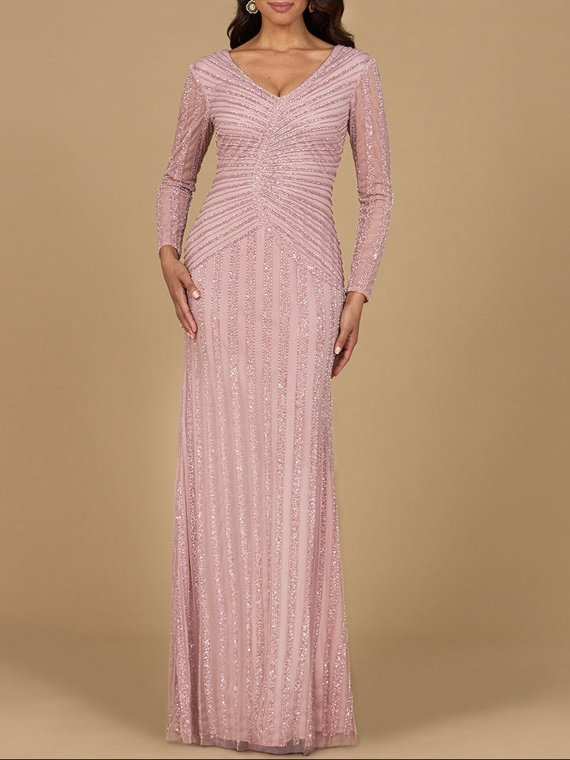 Long Sleeve Linear Beaded Gown Cashmere