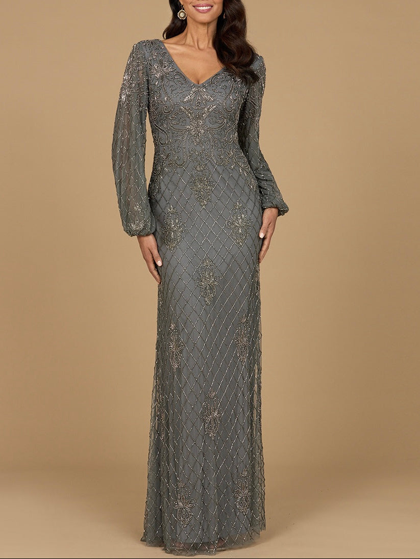 Long Sleeve Beaded Gown with Bishop Sleeves Lead
