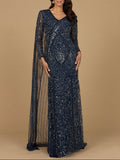 Long Sleeve Beaded Gown with Cape Navy
