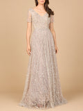 Short Sleeve V-Neck Beaded Ballgown Dusty Blush