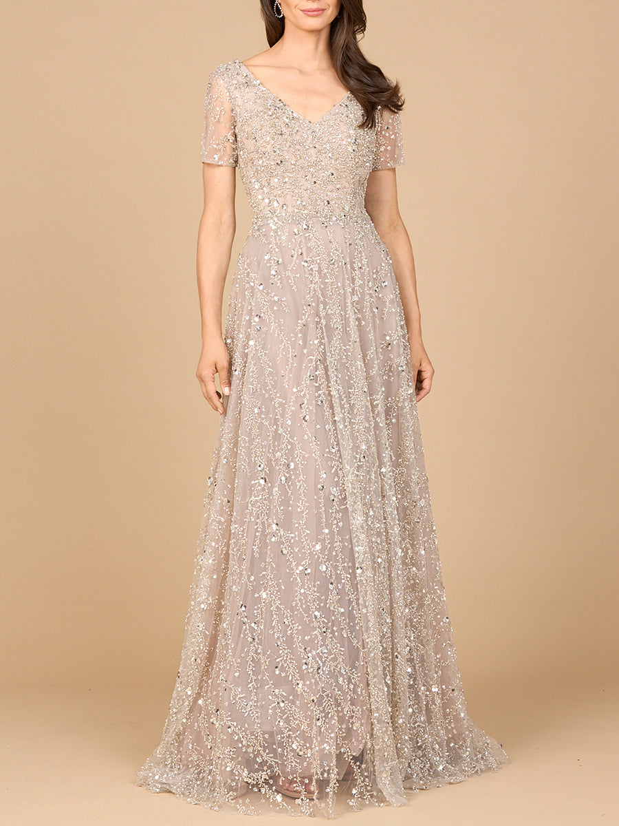 Short Sleeve V-Neck Beaded Ballgown Dusty Blush