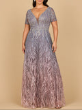Lara 28961 - Short Sleeve V-Neck Beaded Ballgown Multi