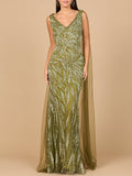 V-Neck Gown with Long Cape Sleeves Olive
